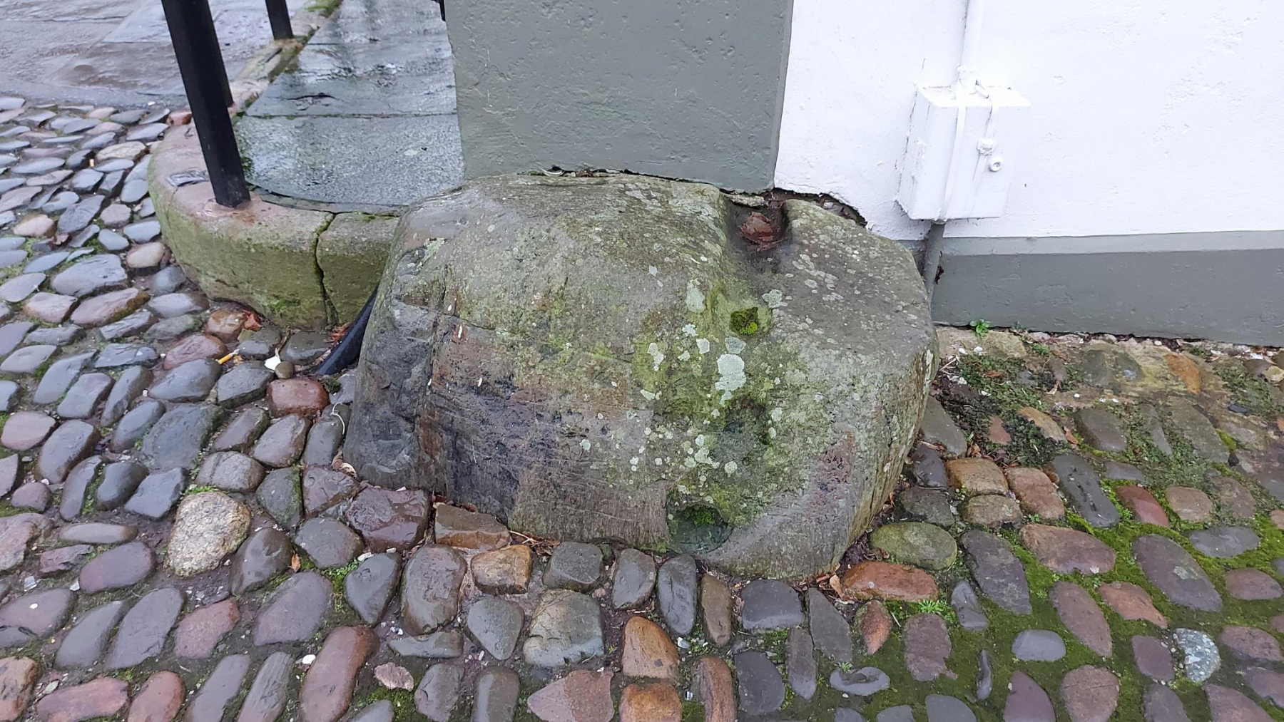 The Royal Oak Hotel, Garstang. Marks on the cornerstone where the old coach wheels caught the stonework.